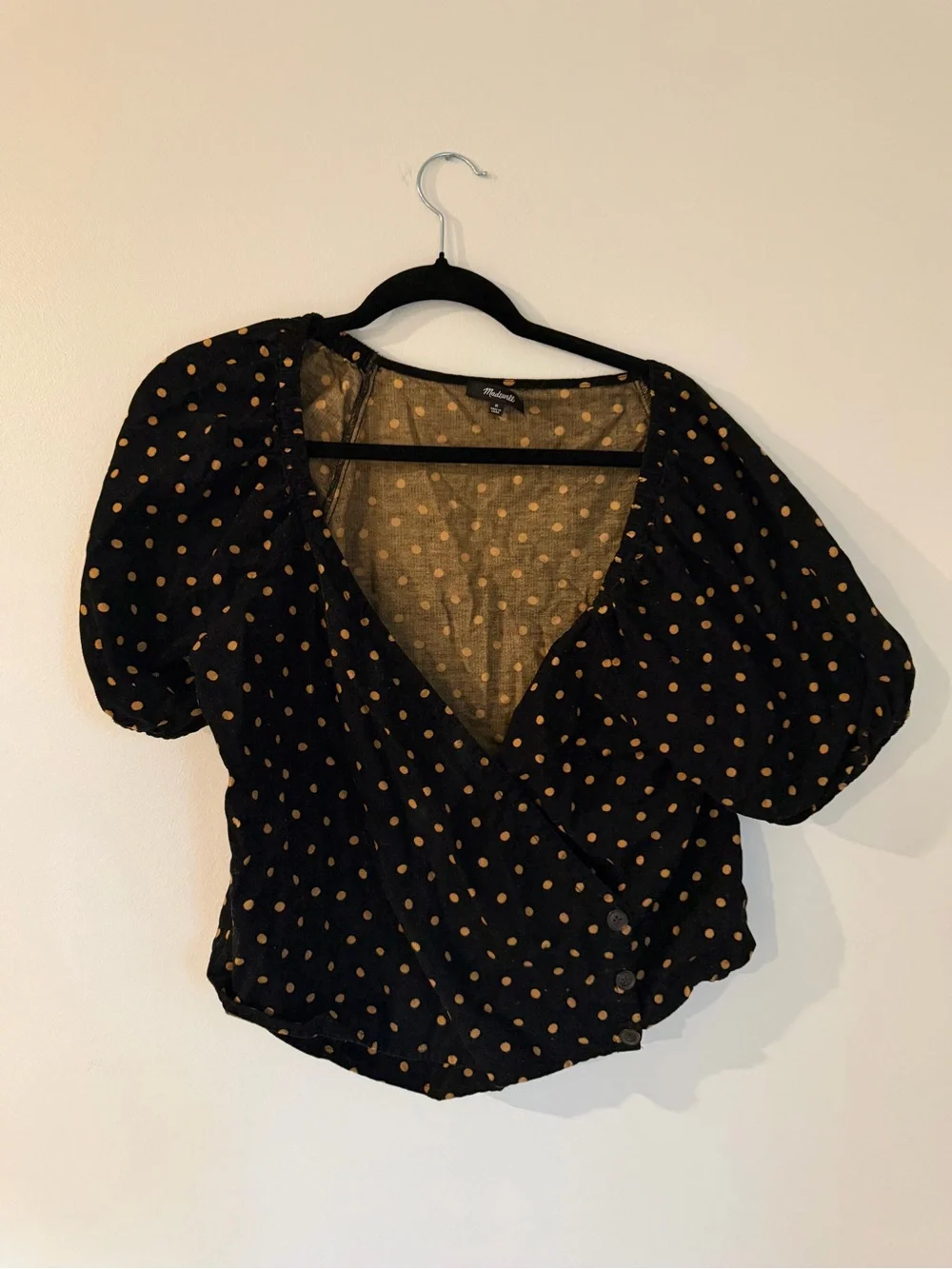 Madewell Black V-Neck Wrap Top with Tan Polka Dots